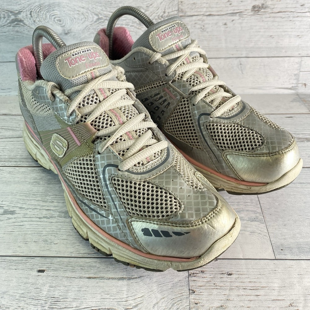 Skechers Tone Ups Shoes Womens 9 Silver Pink Mesh‎ Running Walking Comfort Nice